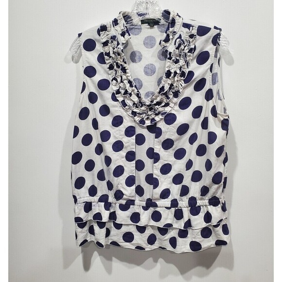 Vintage For Cynthia Sleeveless Linen Blend Ruffled Polka Dot Top, PXL - Picture 1 of 12